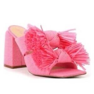 Gianni Bini Sandals Women Pink Raffia Fringe Block Heel Slide Size 9.5